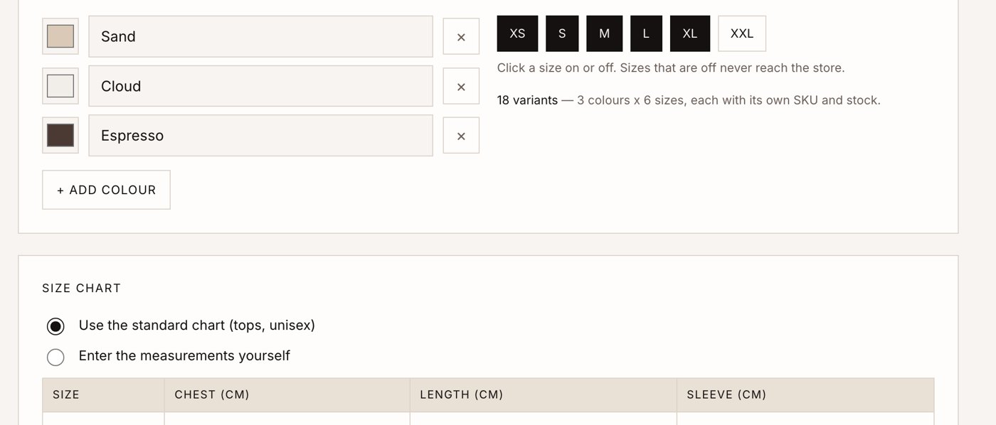 Screen: editing colour names and swatches and switching sizes on or off