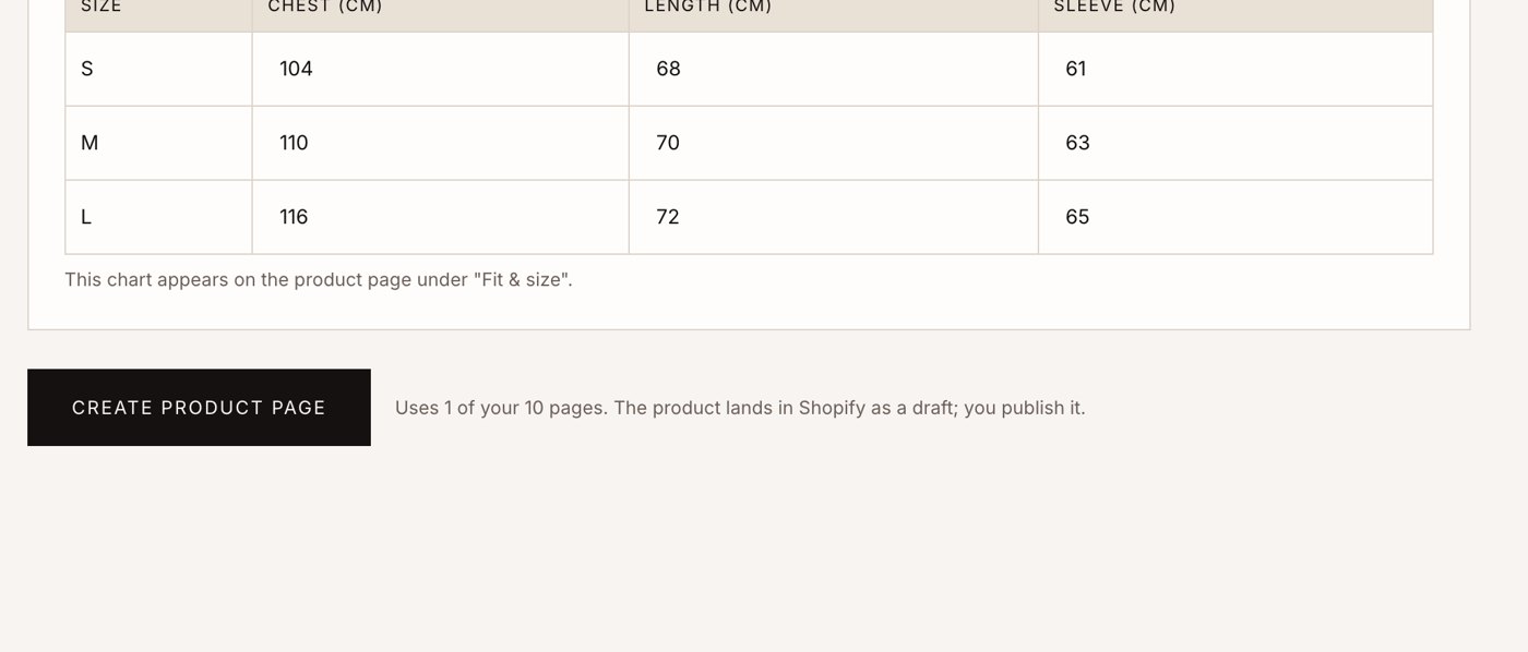 Screen: the size chart table and the create button