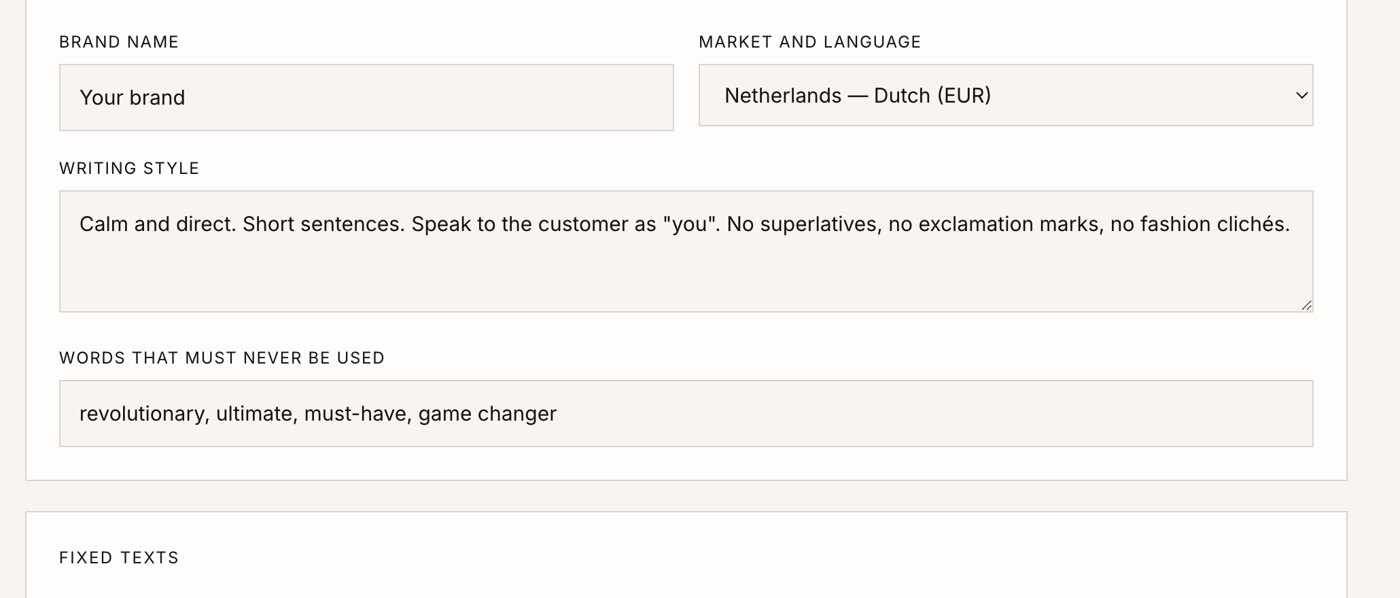 Screen: brand settings with tone of voice, banned words and fixed texts